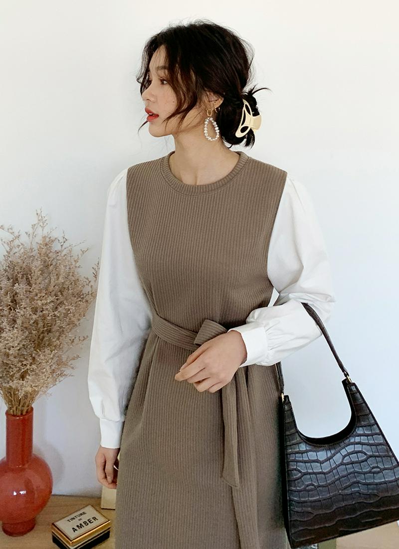 ≪人気商品再入荷≫ストラップ付配色ワンピース・全2色 b54671 レディース【ops】 ワンピース ロング丈 ロングワンピース ラウンドネック リブ 切り替え ウエスストラップ バイカラー 高見え バズ 長袖 春 冬 異素材 韓国ファッション