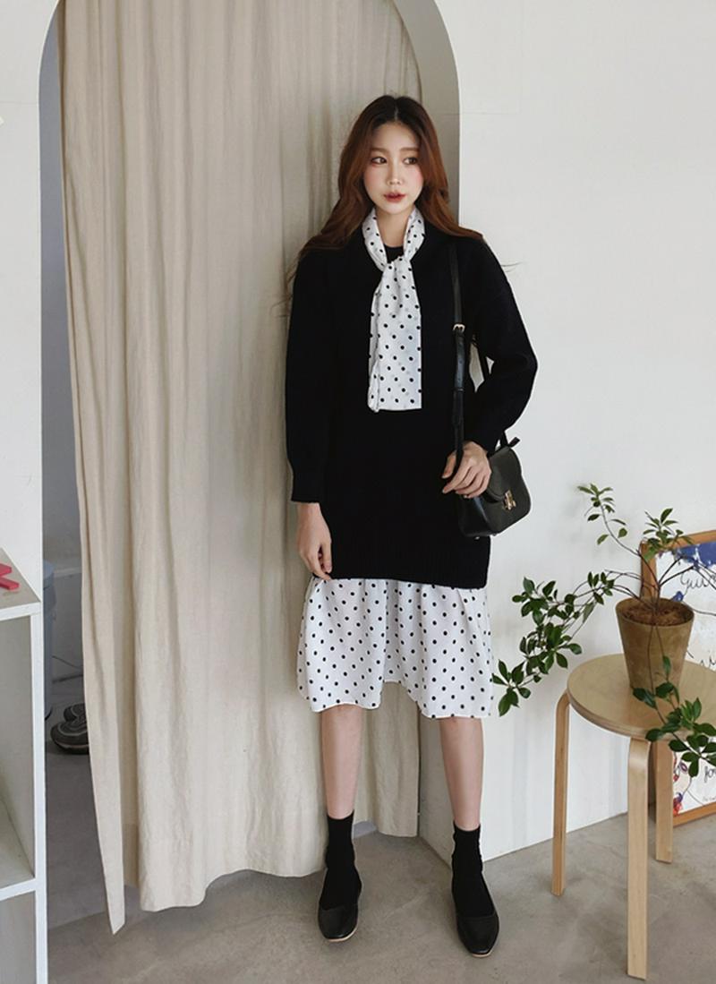 スカーフ付ニットドットヘムワンピース