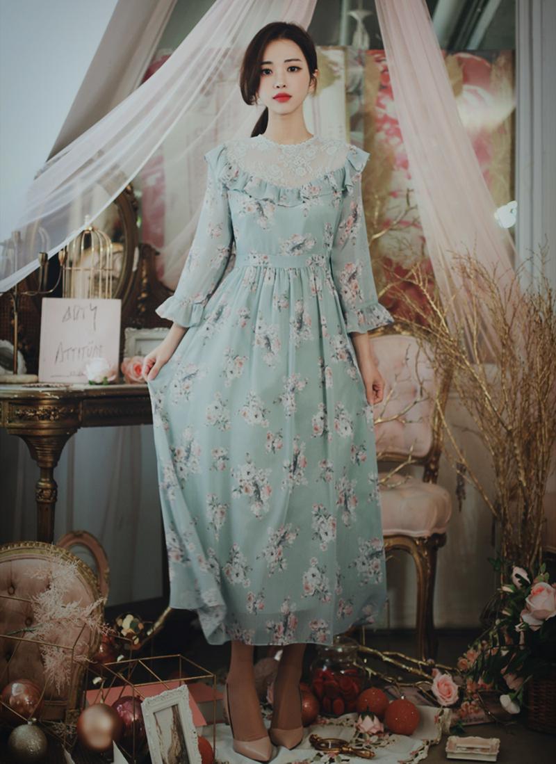 レースパネル花柄フリルワンピース