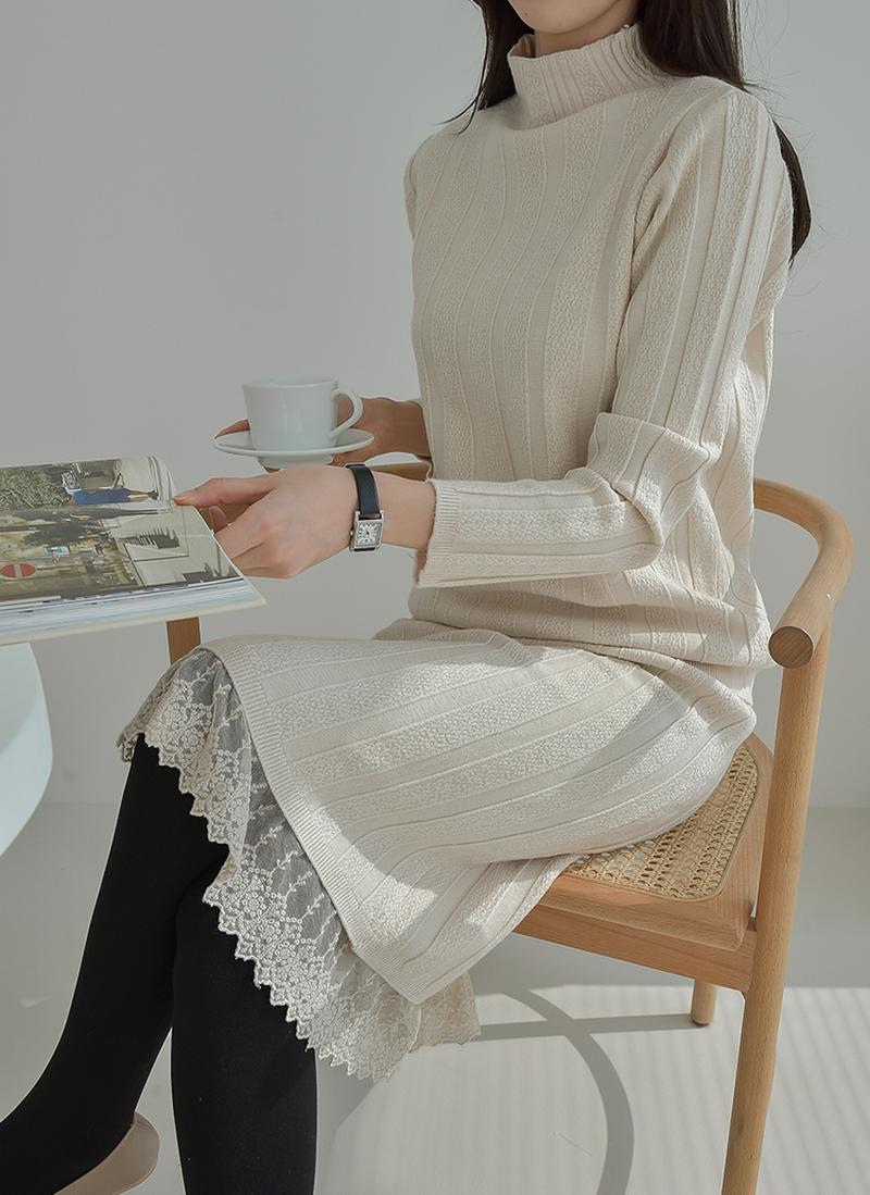ハーフネックニット&レースヘムスカートSET