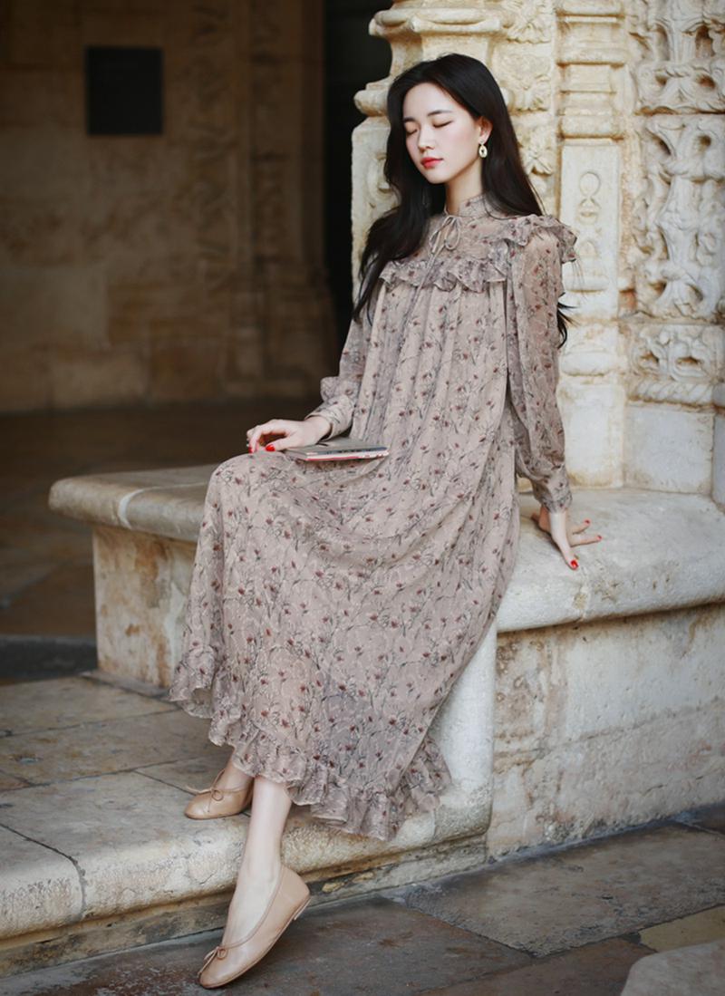 フリルバンドカラー花柄ワンピース