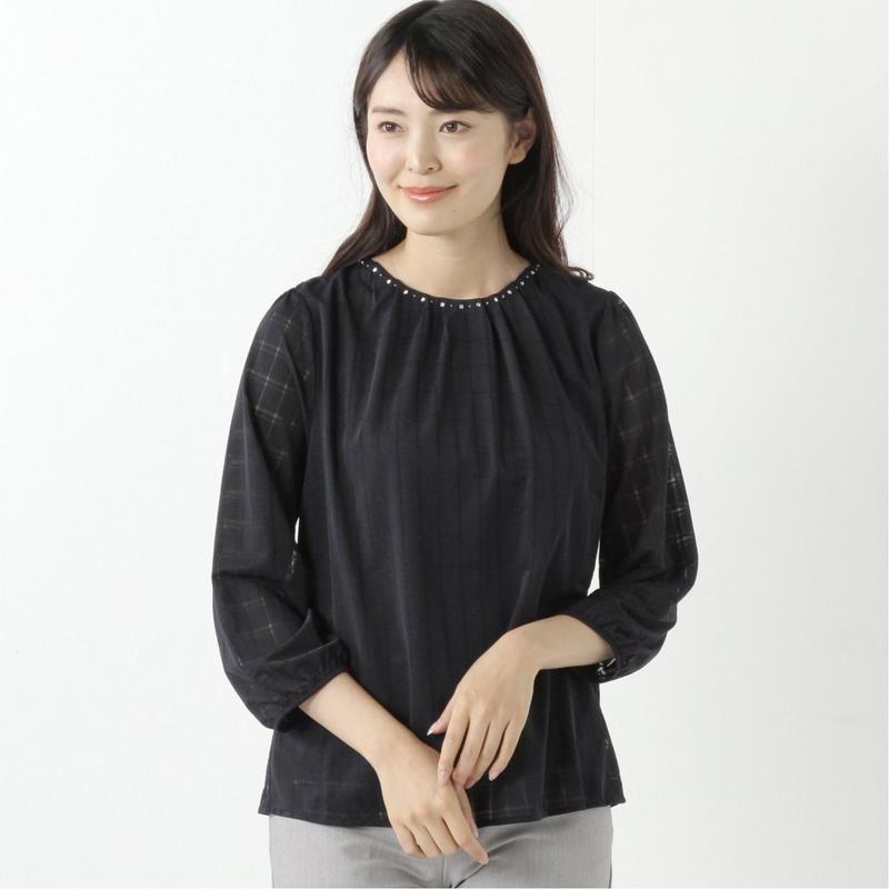 【通勤・フォーマル】しわになりにくい素材◎ビジュー使いチェック柄プルオーバー