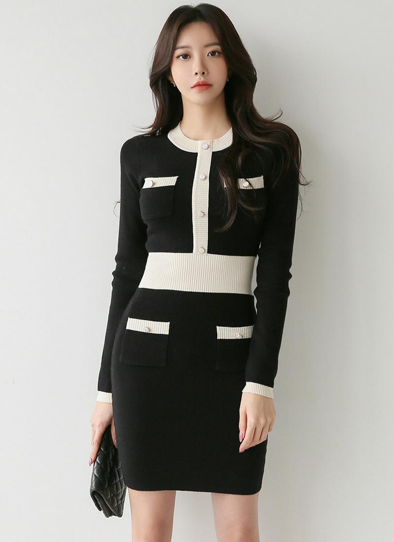 スリム配色ニットワンピース