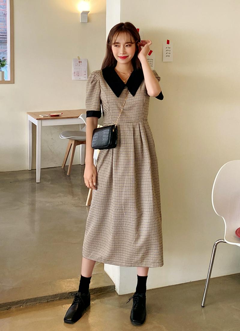 配色パフスリーブチェックワンピース