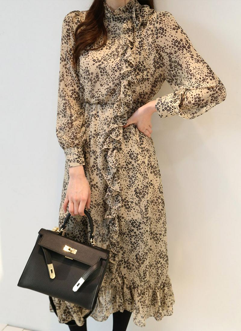 フリルライン花柄シフォンワンピース