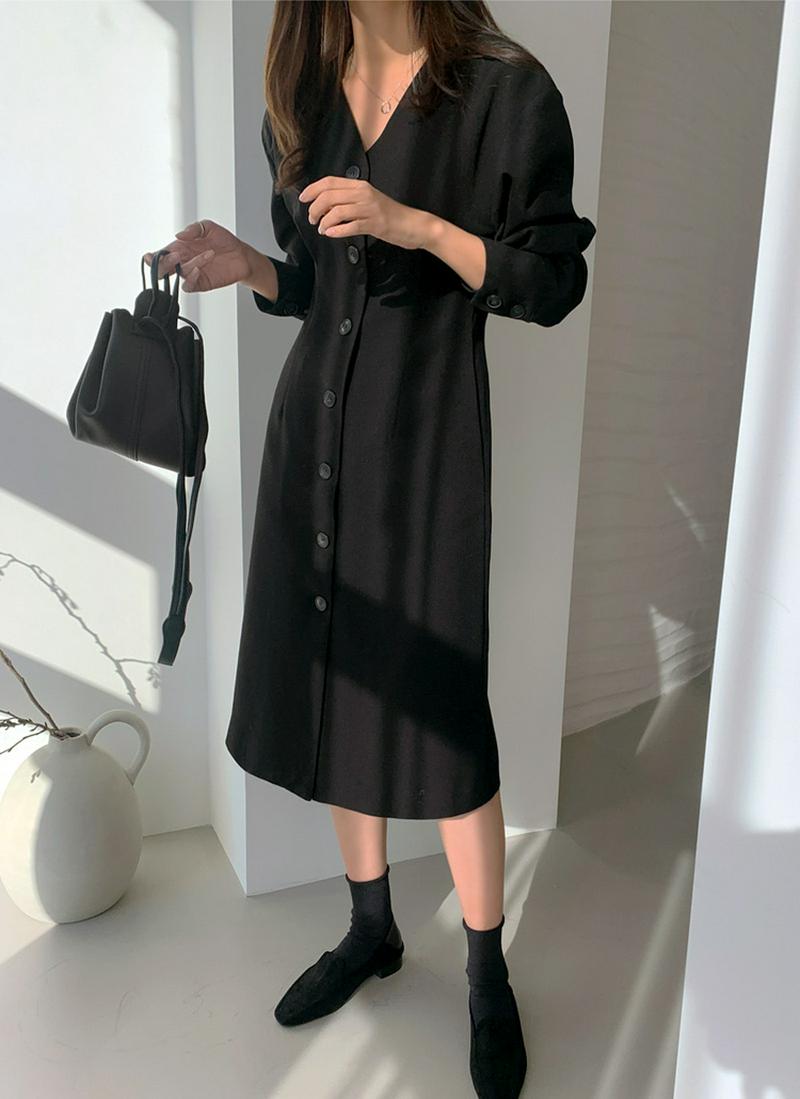 タックラインVネックボタンワンピース