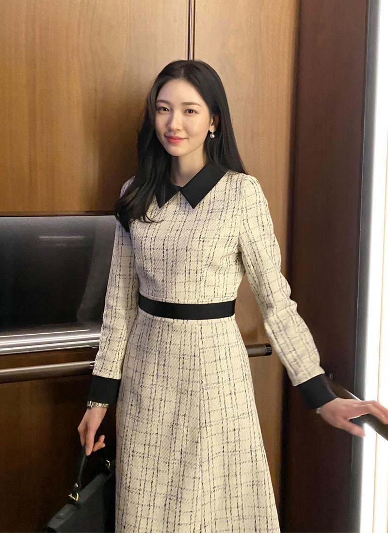 配色カラーツイードワンピース