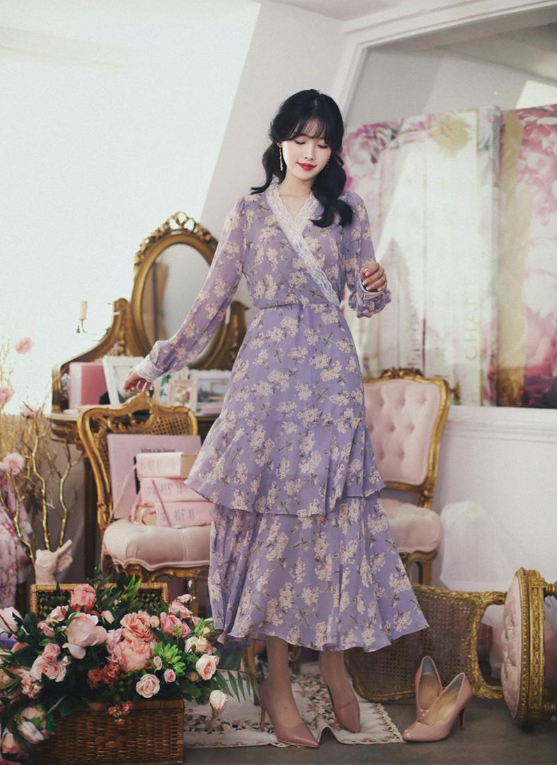 レースカシュクール花柄ロングワンピース