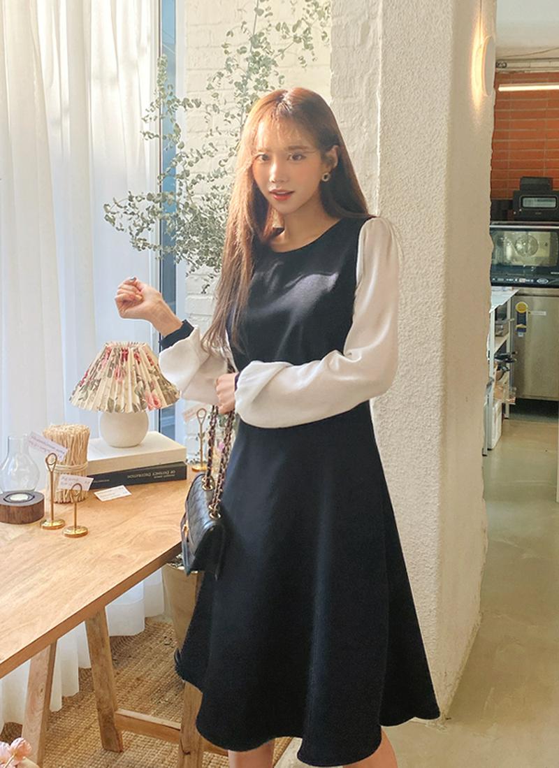 配色スリーブフレアワンピース