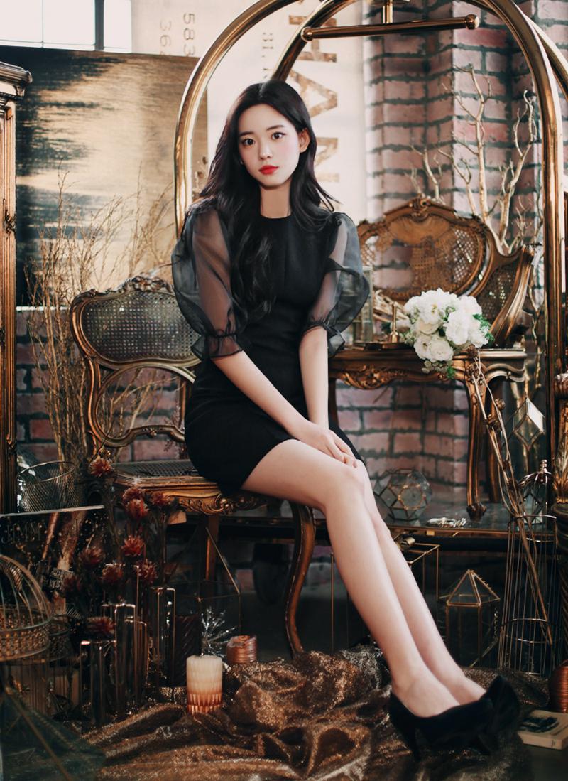 シースルーパフスリーブ切替ワンピース