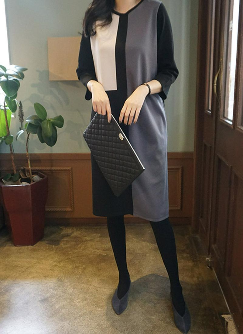 カラーブロックラウンドネックワンピース