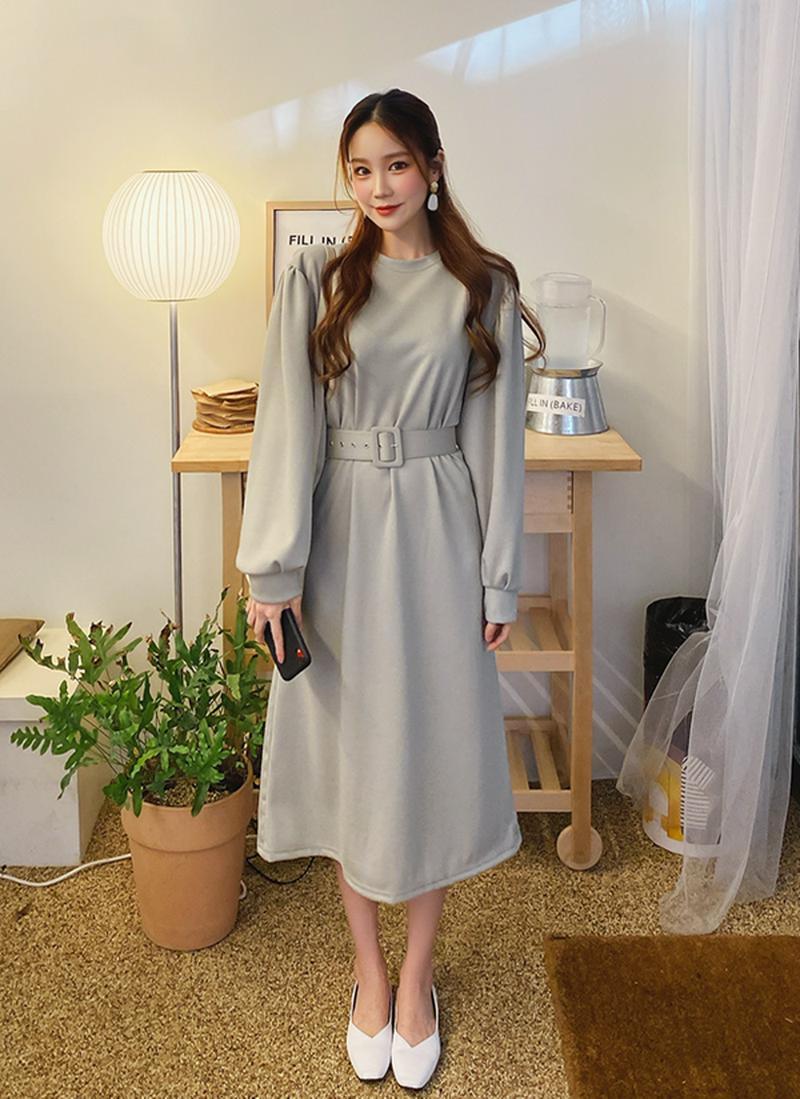 ベルト付パフスリーブワンピース