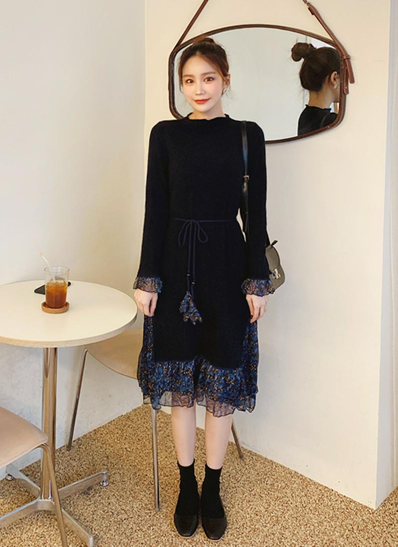 花柄シフォン配色ニットワンピース