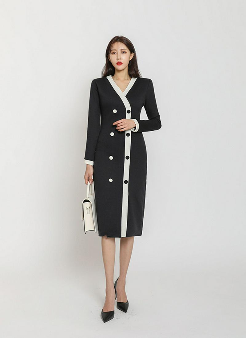 ダブルボタンバイカラーワンピース