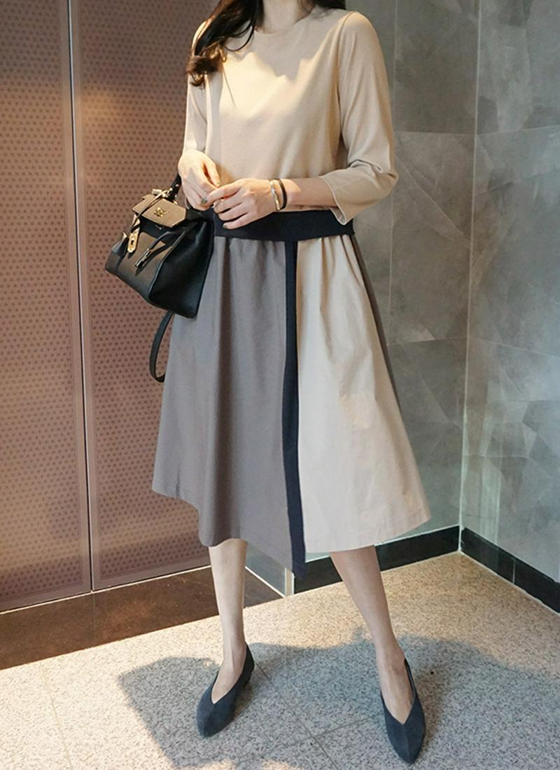 配色ラウンドネックAラインワンピース