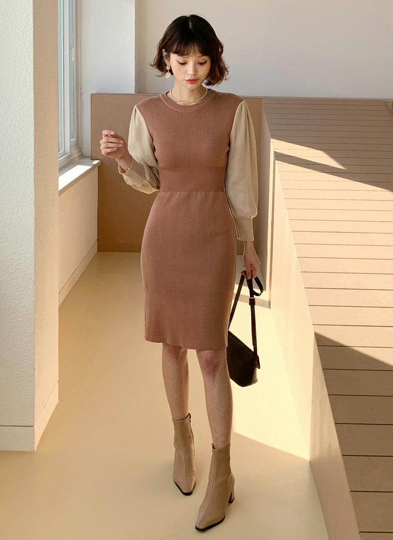 袖配色ニットワンピース・全2色