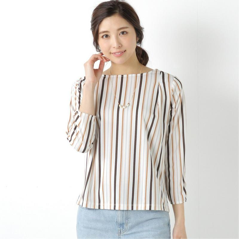 ネックレス付◎袖ツイスト肩タックストライププルオーバー（ジボール/GIVORS）