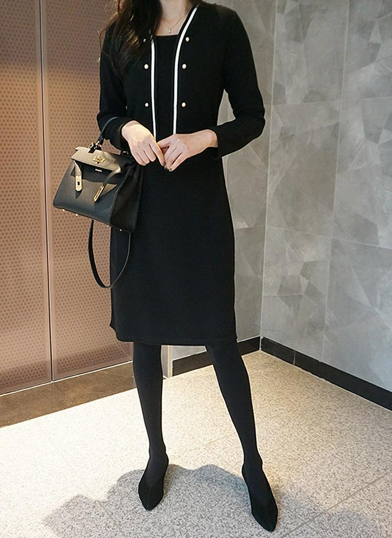 パール風ラインスクエアネックワンピース