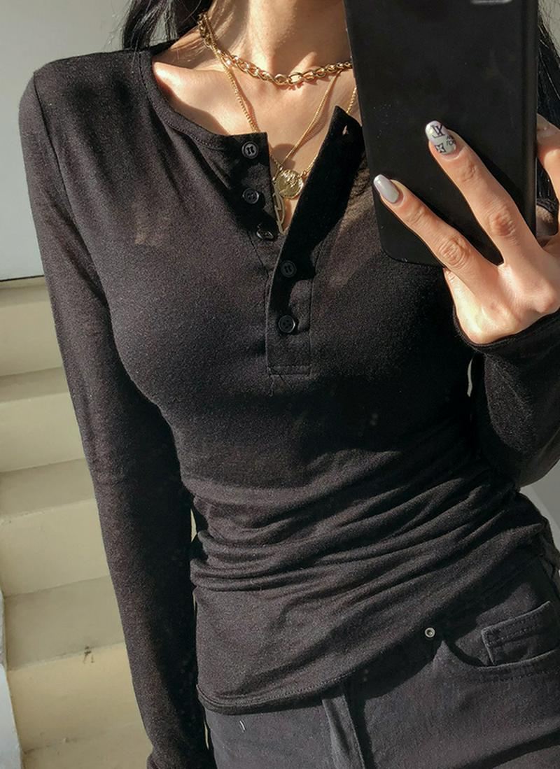 テンセルウール混ボタン長袖Tシャツ