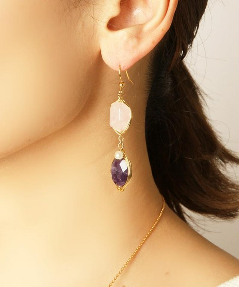 【2月誕生石】K14GF アメジスト×ローズクォーツピアス