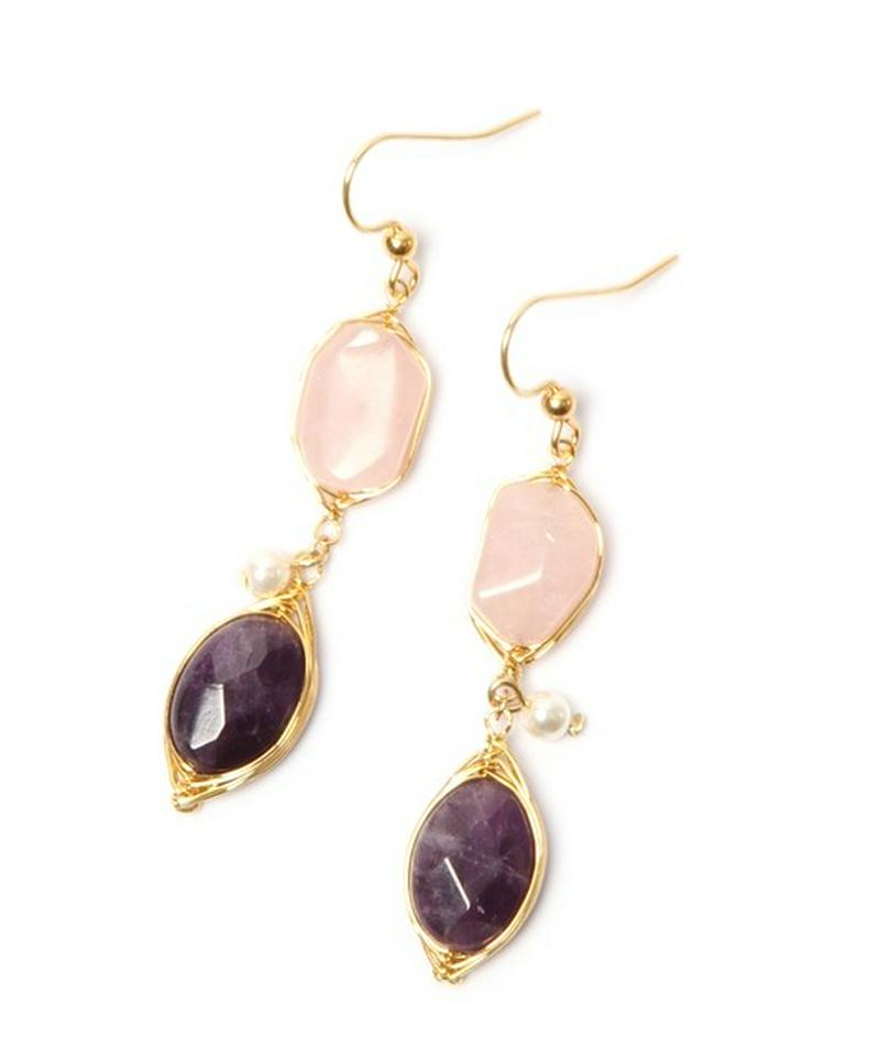 【2月誕生石】K14GF アメジスト×ローズクォーツピアス