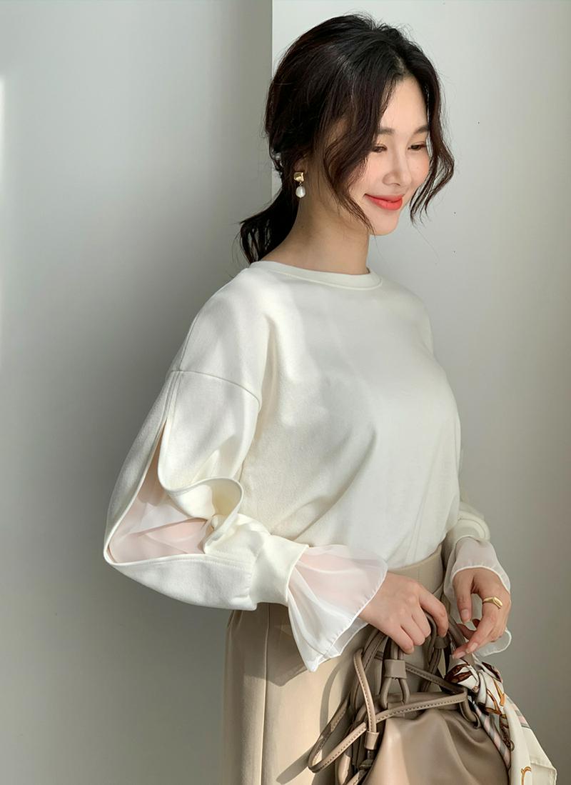 ≪人気商品再入荷≫シフォンスリーブスウェット・全2色・b54745 レディース 【tops】 トップス スウェット トレーナー シフォン カットスリーブ レイヤード風 フレアスリーブ シースルー シンプル 長袖 高見え 無地 秋 春 冬 異素材 韓国ファッション