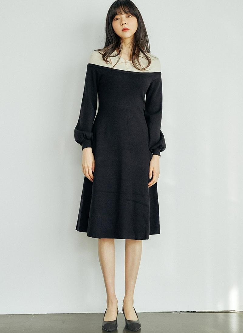 ショルダー配色ニットワンピース