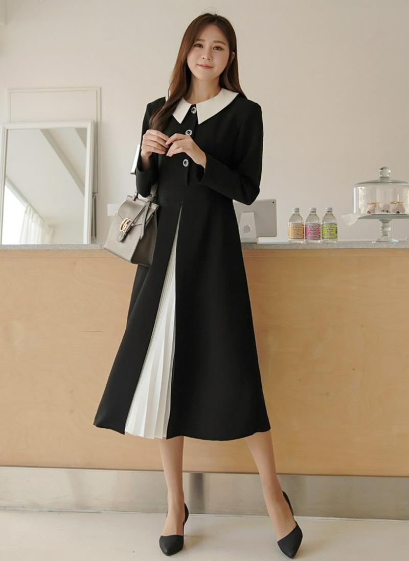 コントラストカラープリーツワンピース