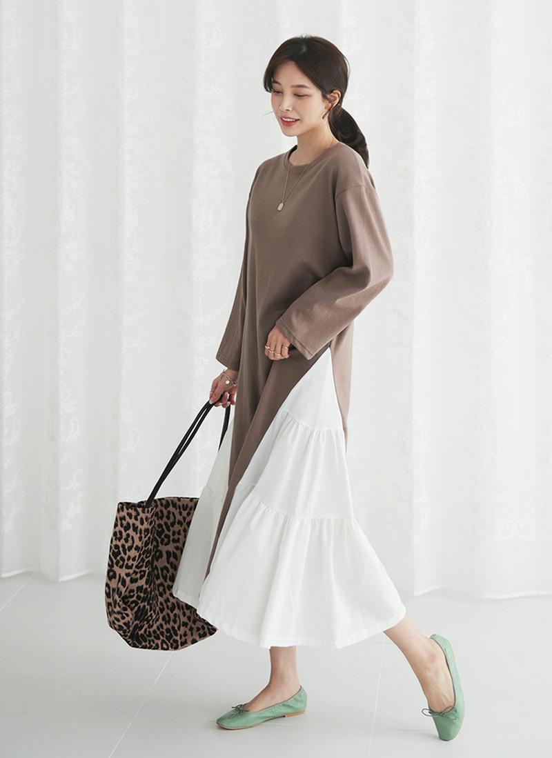 サイドギャザー配色ワンピース・全2色