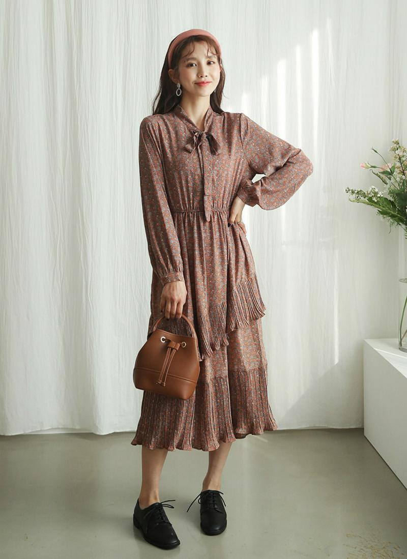 リボン花柄プリーツワンピース・全2色