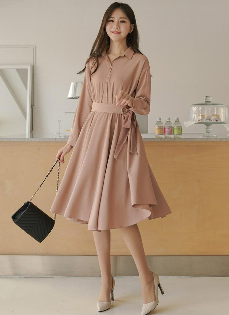 リングリボンベルト付フレアワンピース