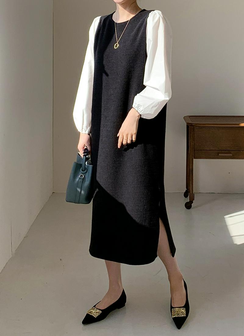 配色パフスリーブワンピース・全2色