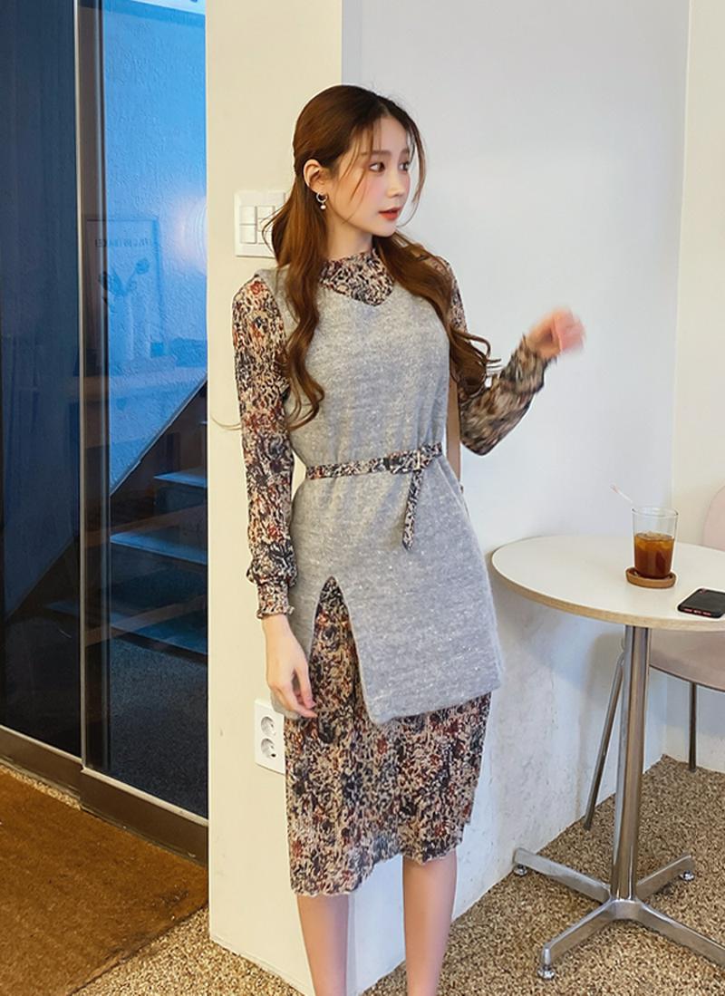 ベスト付シャーリングプリーツワンピース