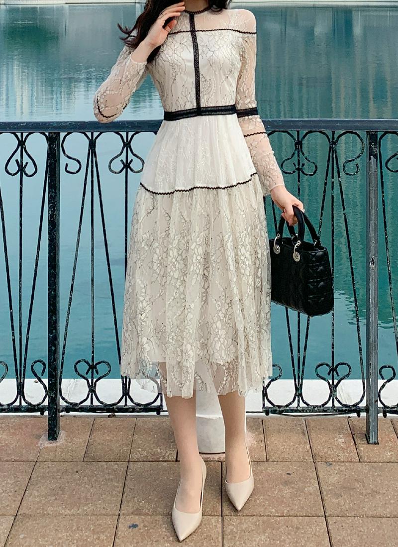 シアーレース配色ワンピース