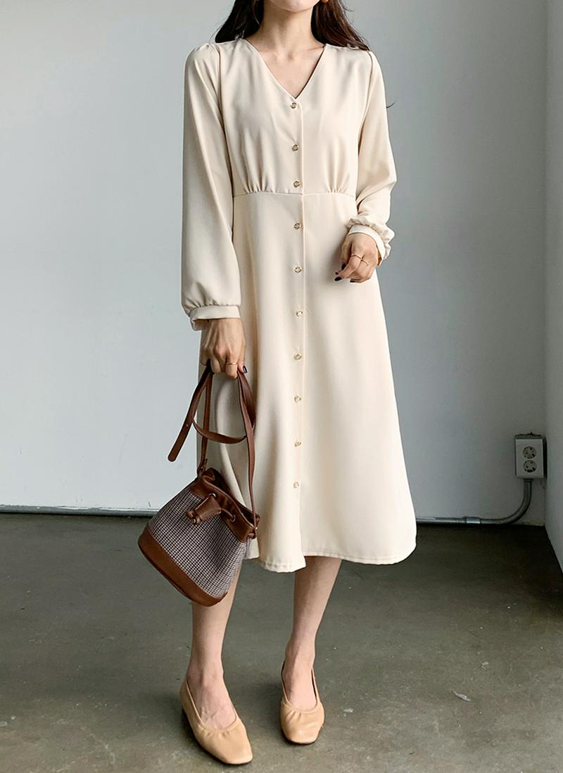 Vネックボタンフレアワンピース・全4色