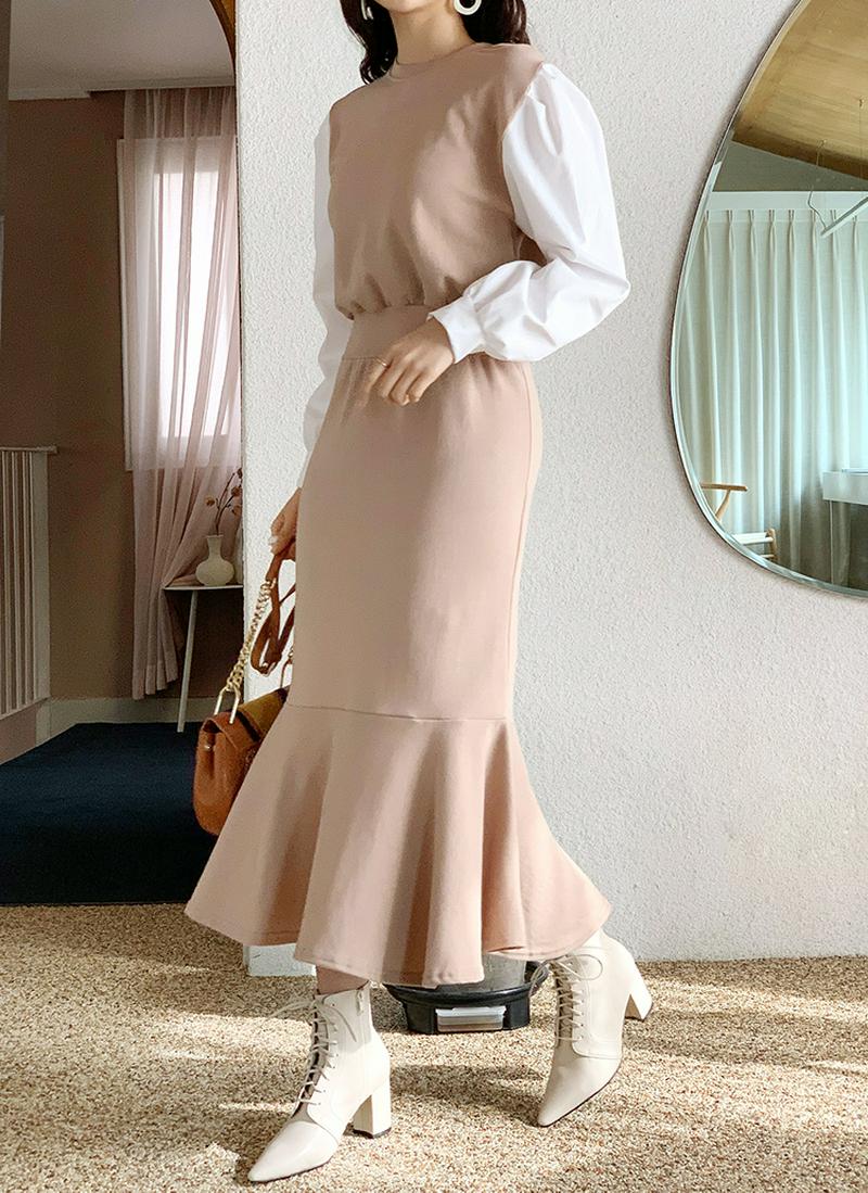 配色スリーブラッフルワンピース・全2色