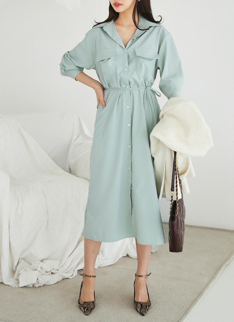 ストラップ付ポケットシャツワンピース・全2色