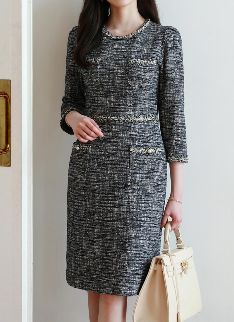 ラウンドネックツイードワンピース
