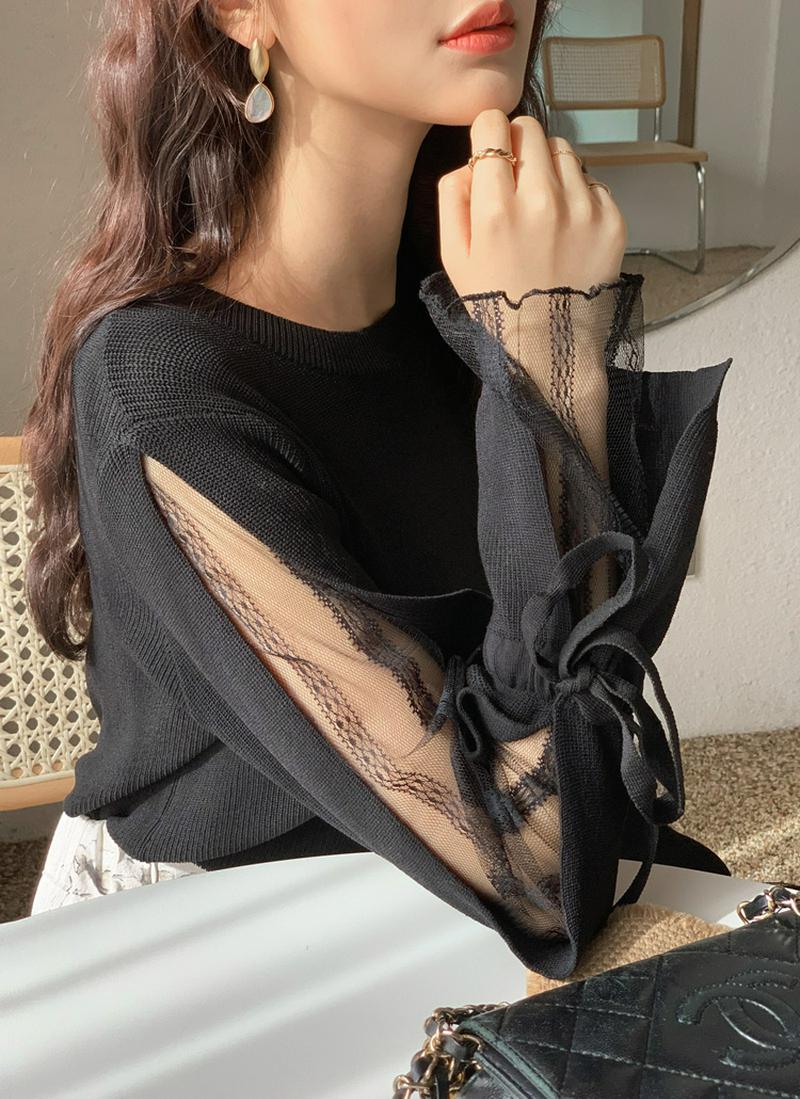 ≪人気商品再入荷≫レースドロストスリーブニット・全3色・b55246 レディース 【tops】【トップス ニット ラウンドネック レイヤード風 レイヤード フェイクレイヤード スリット レース リボン 長袖 シンプル 無地 秋 春 冬】