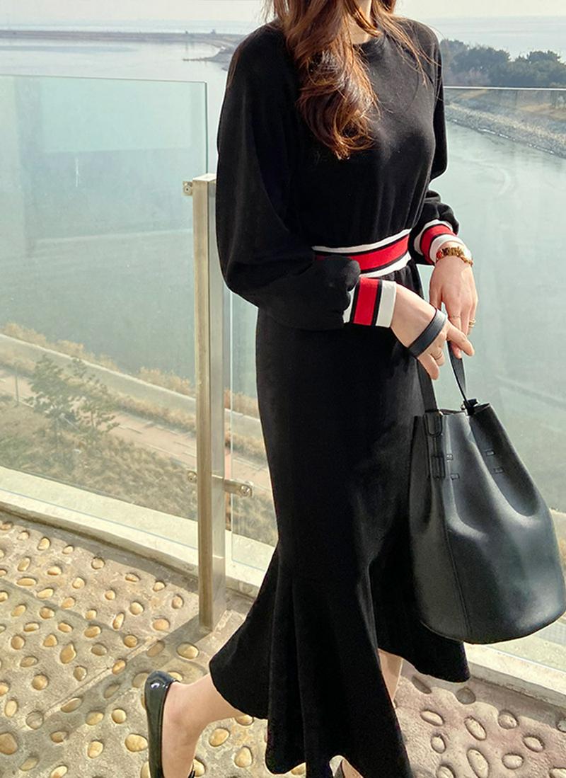 ウエストコントラストロングワンピース