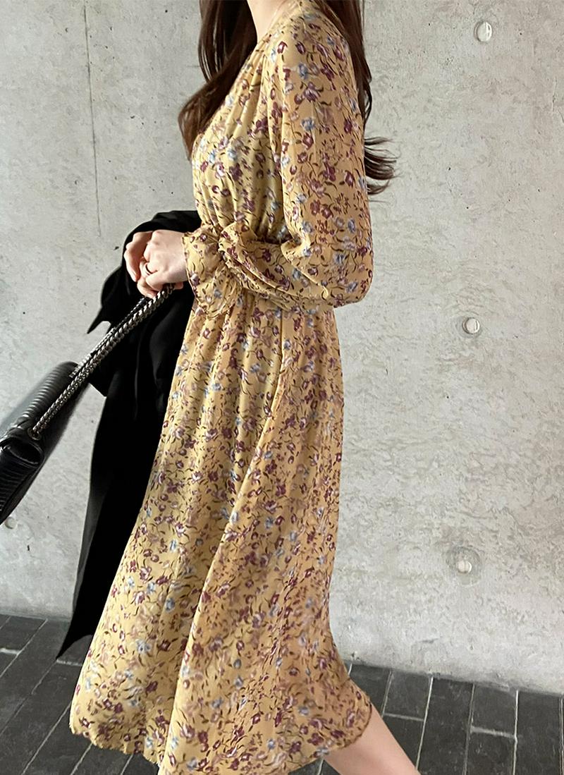 ウエストシャーリングフラワーワンピース