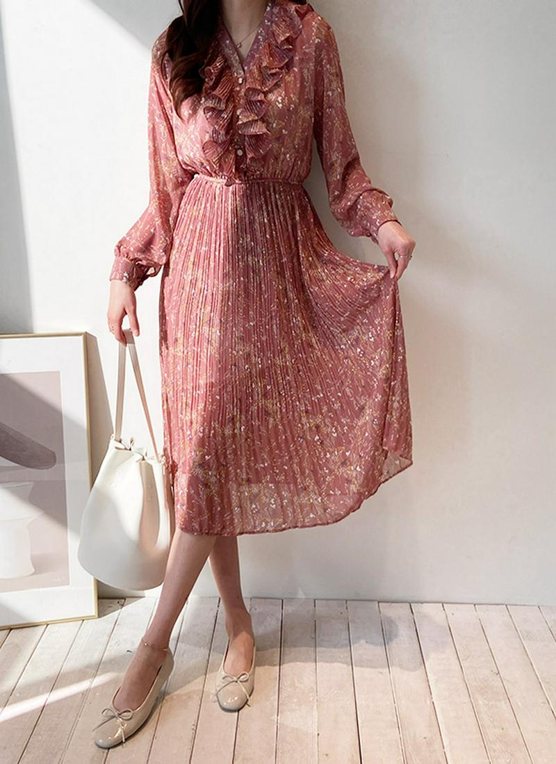 フリルネックプリーツシフォンワンピース