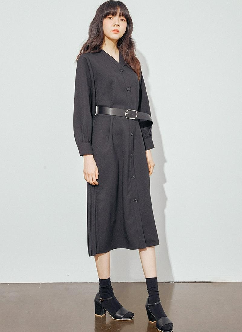 ベルト付バックプリーツワンピース(ブラック)