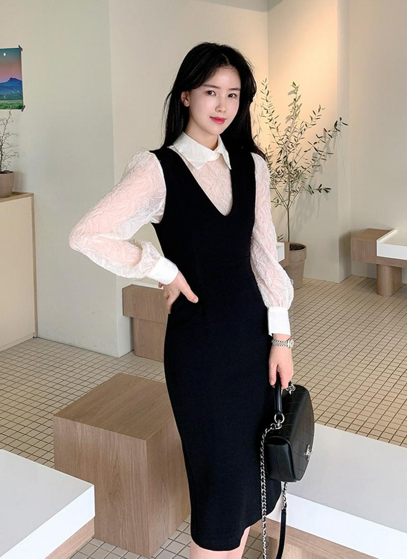 Vネックロングワンピース