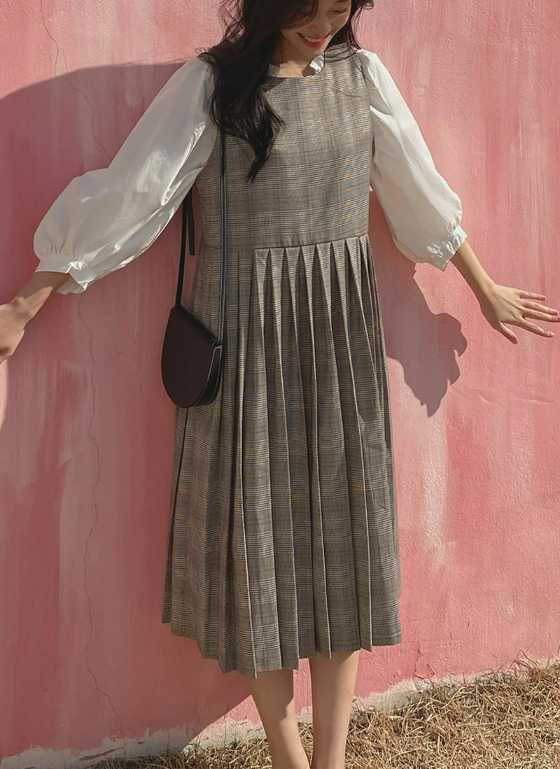 グレンチェックプリーツワンピース