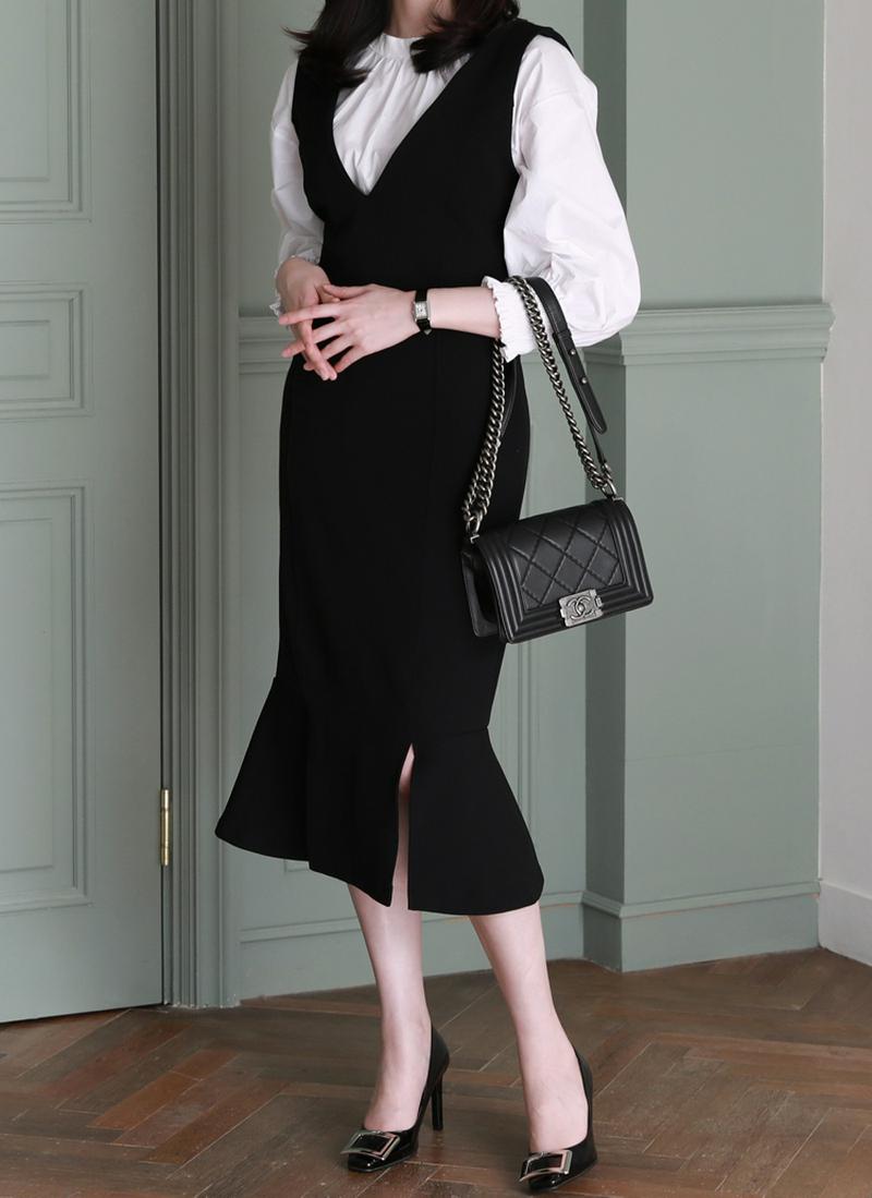 Vネックスリットマーメイドワンピース