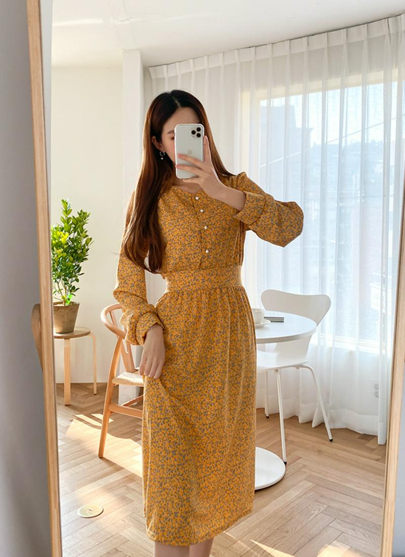 ウエストリボンフラワーワンピース