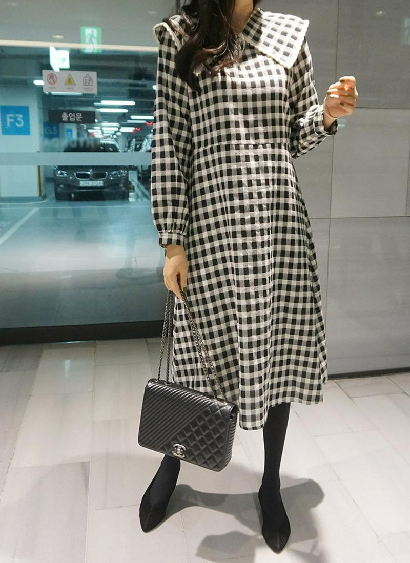 ワイドカラーチェックロングワンピース