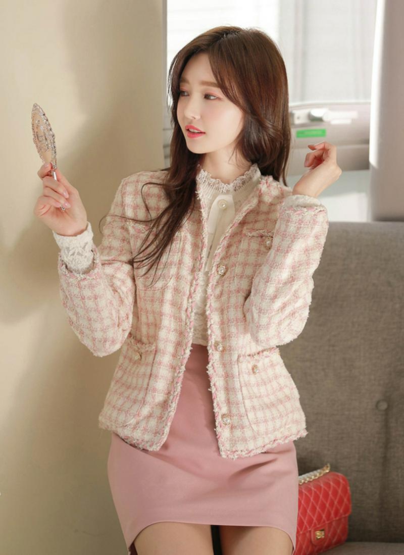 ノーカラーツイードジャケット