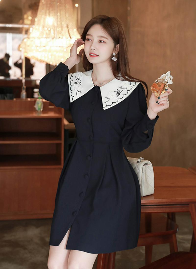 刺繍コントラストカラーワンピース